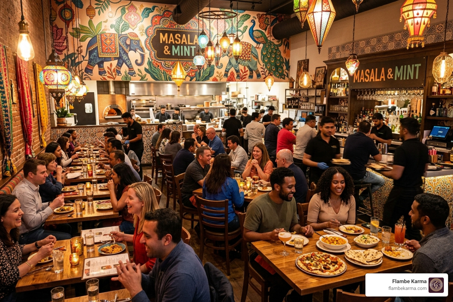 A busy, modern Indian fusion restaurant interior with artistic lighting and vibrant decor - indian fusion near me
