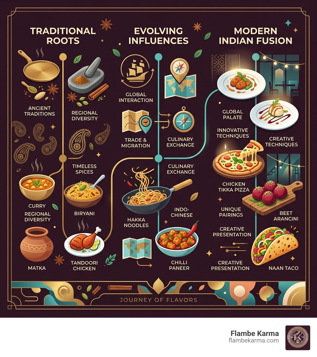 Evolution of Indian fusion cuisine from traditional roots to modern global influences - indian fusion near me infographic 