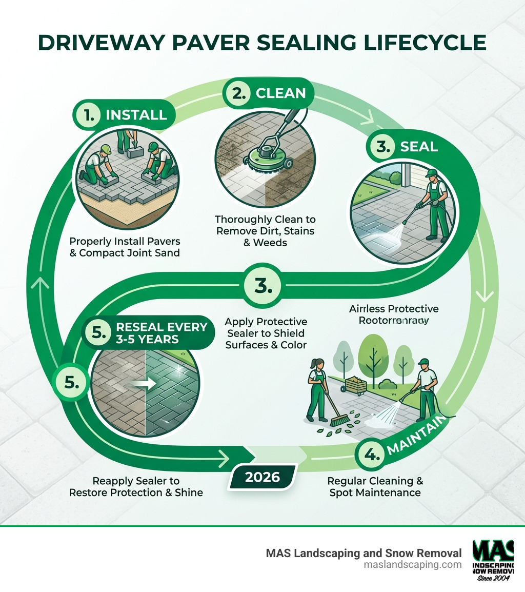 Driveway paver sealing lifecycle infographic showing steps: install, clean, seal, maintain, reseal every 3-5 years