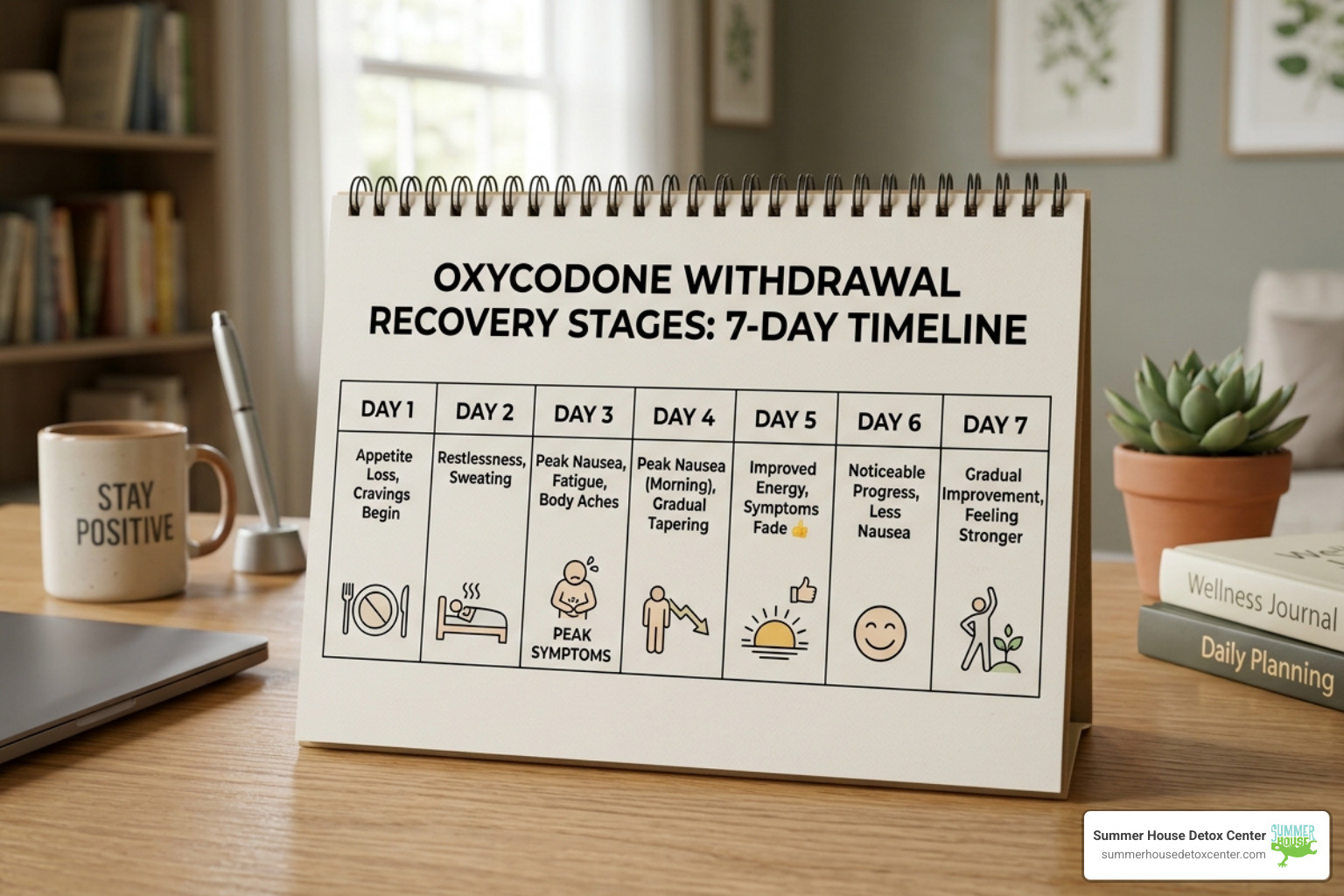 Calendar showing the timeline of oxycodone withdrawal recovery stages - oxycodone withdrawal appetite loss