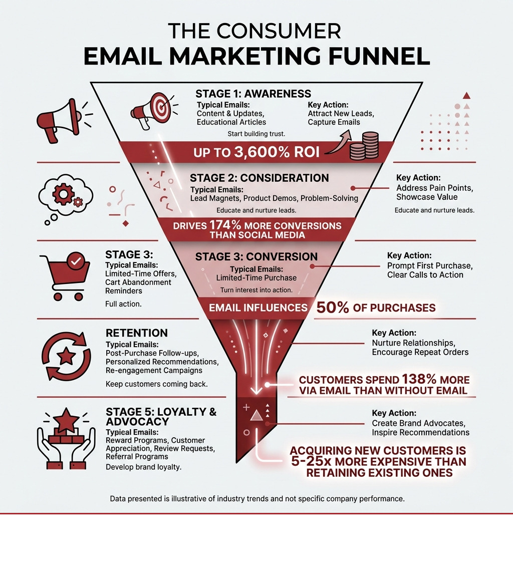 Consumer email marketing funnel from awareness to loyalty with ROI stats - consumer email marketing infographic 