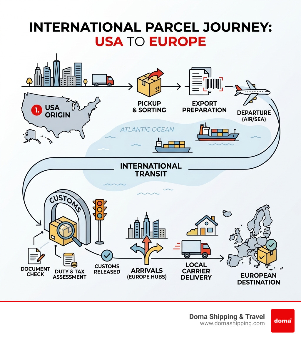 International parcel journey from USA origin through customs to European destination - track international shipment