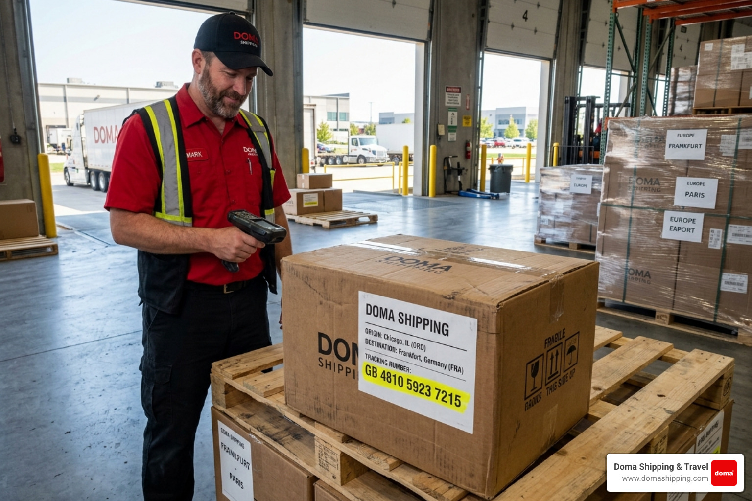 Shipping label with a highlighted tracking code on a box in a Chicago warehouse - track international shipment
