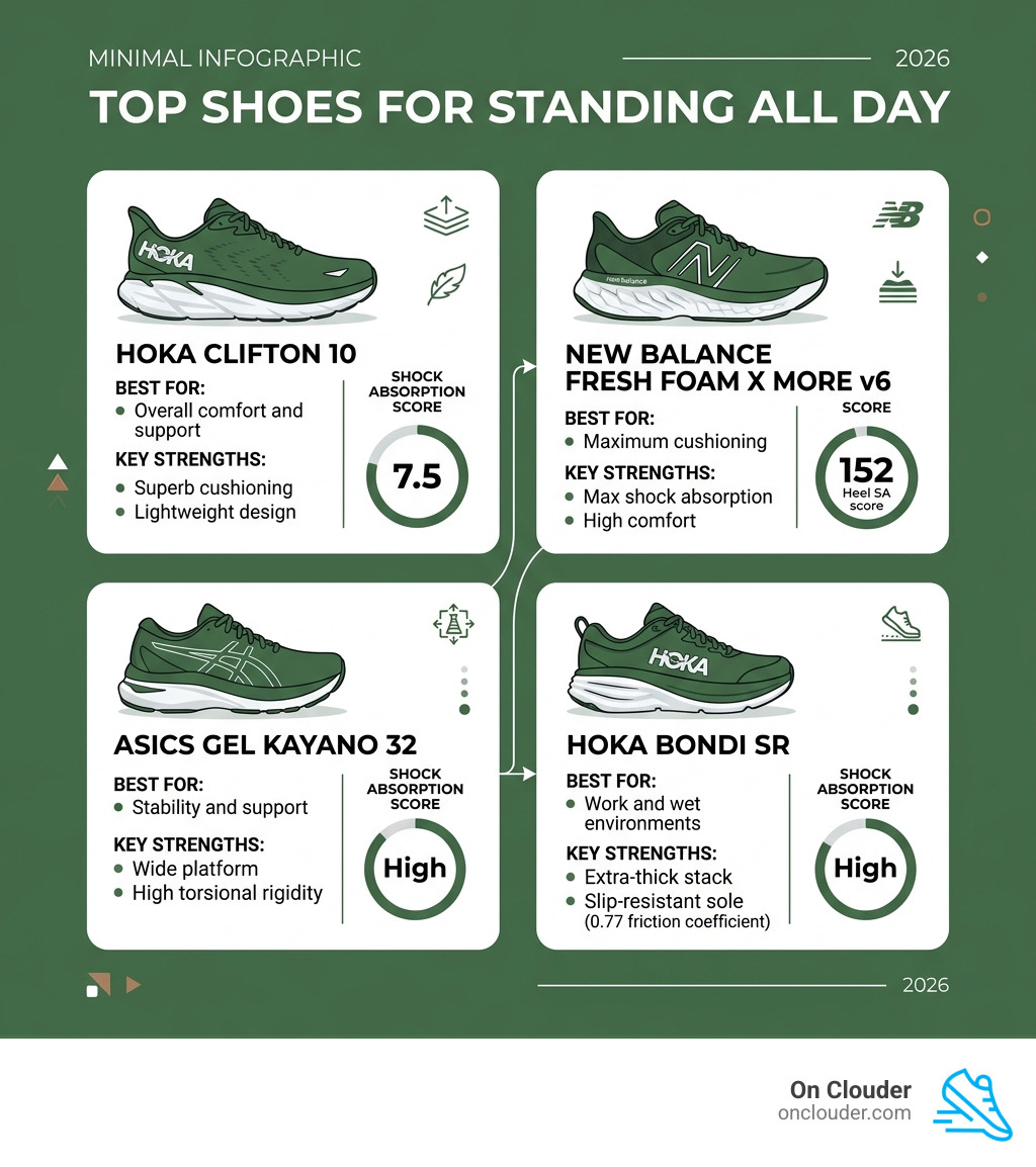infographic showing top shoes for standing all day with key features and shock absorption scores - the best shoe for infographic showing top shoes for standing all day with key features and shock absorption scores - the best shoe for