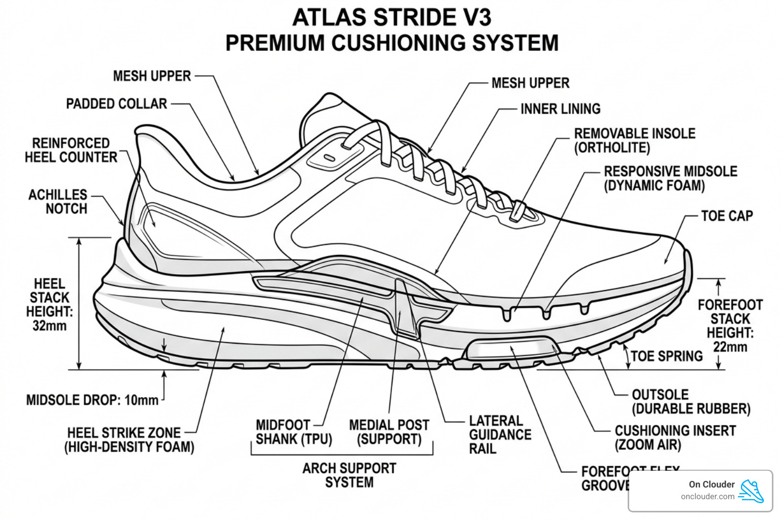 diagram of shoe cushioning technology highlighting stack height and arch support - the best shoe for standing diagram of shoe cushioning technology highlighting stack height and arch support - the best shoe for standing