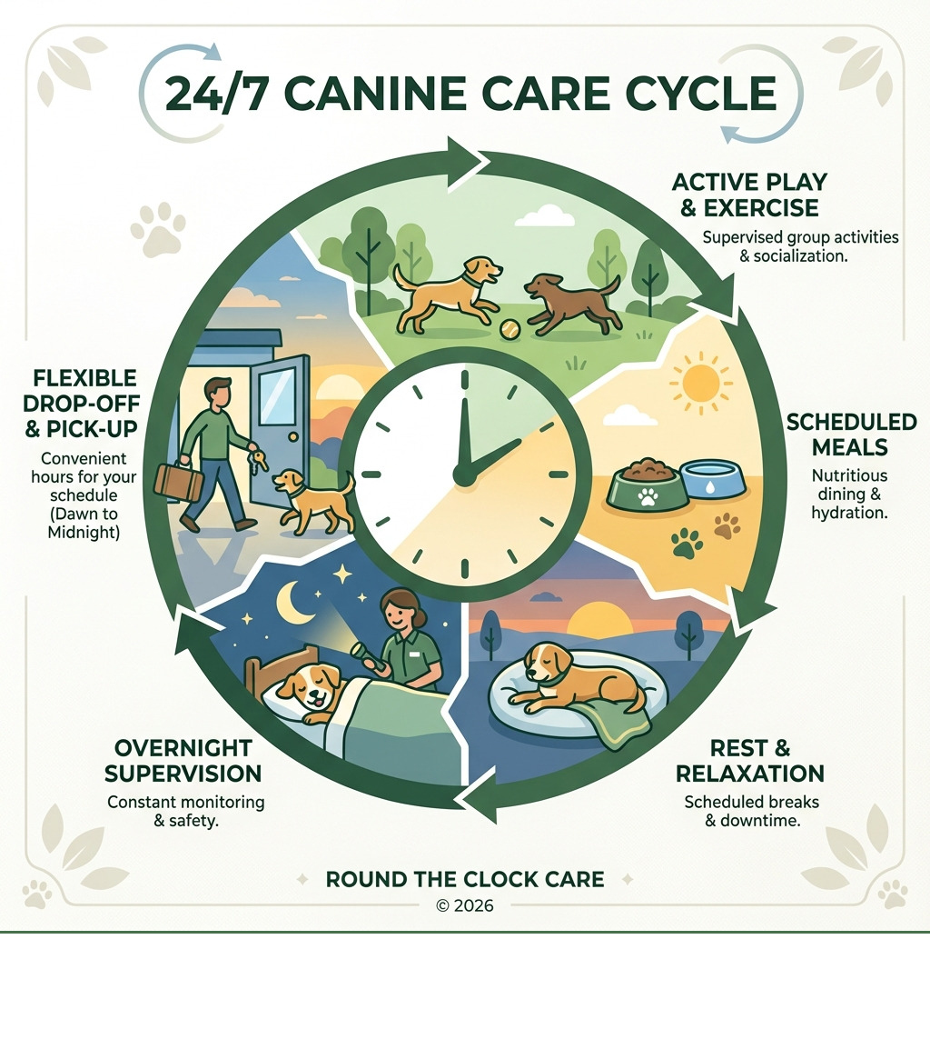 Infographic showing the 24/7 care cycle for dogs: play, rest, meals, overnight supervision, and flexible drop-off and Infographic showing the 24/7 care cycle for dogs: play, rest, meals, overnight supervision, and flexible drop-off and