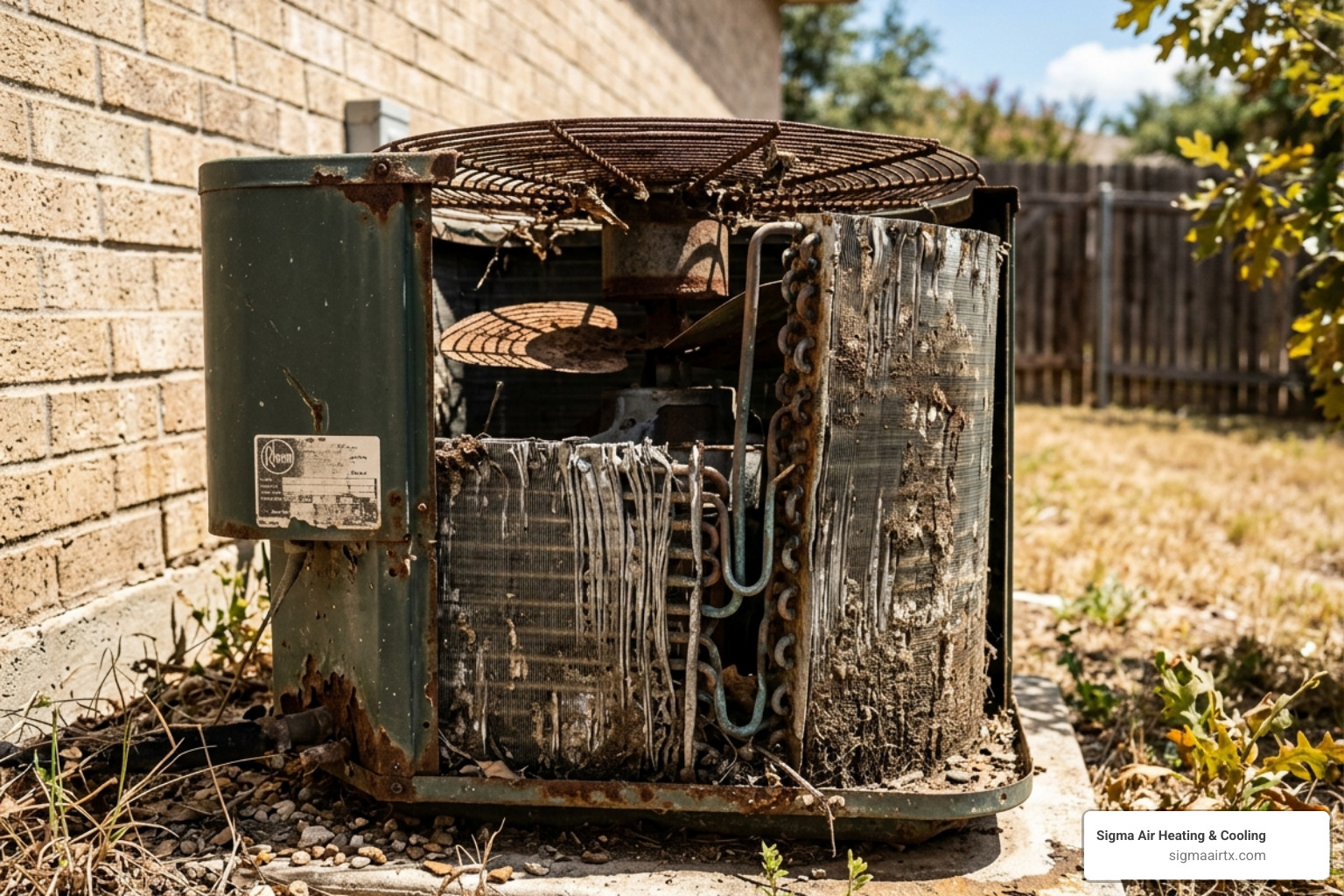 aging and corroded AC condenser unit showing signs of rust and wear - ac installation san marcos