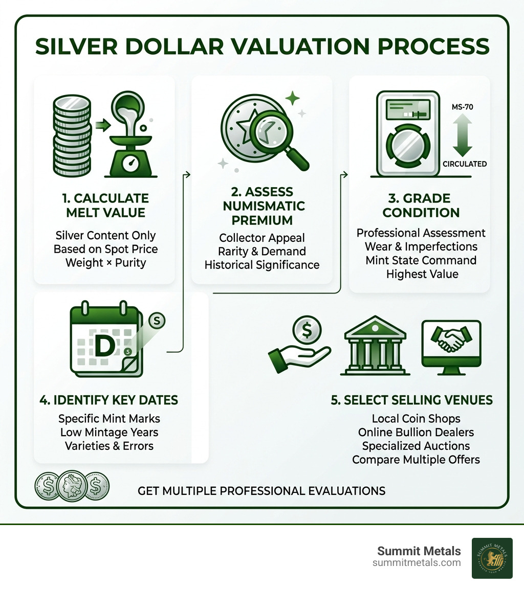 Silver dollar valuation process: melt value, numismatic premium, condition grading, key dates, selling venues - selling
