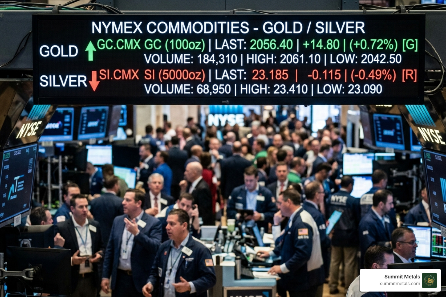 digital display showing green and red market ticker symbols for gold and silver - today silver gold