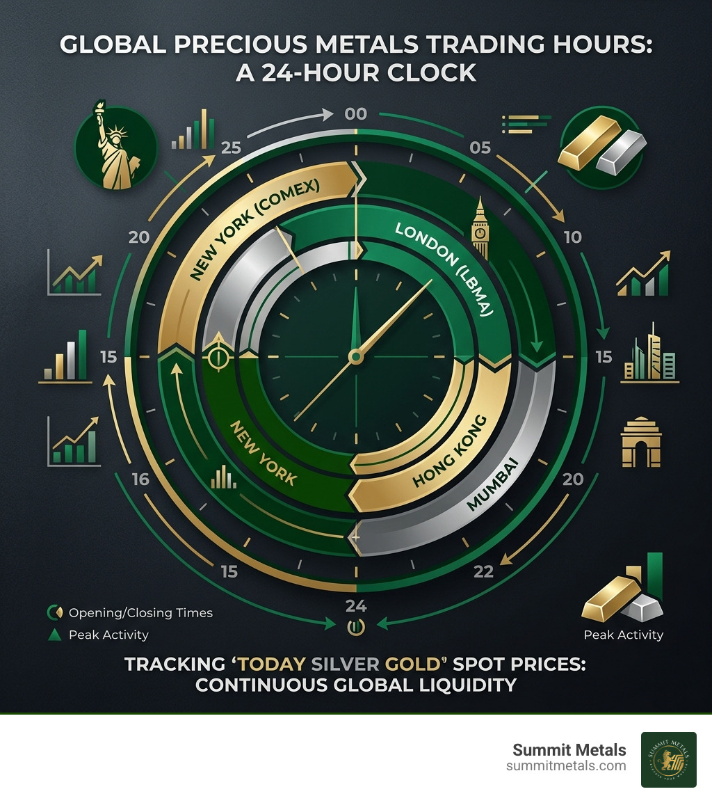 infographic showing global precious metals market trading hours across New York, London, Hong Kong, and Mumbai exchanges