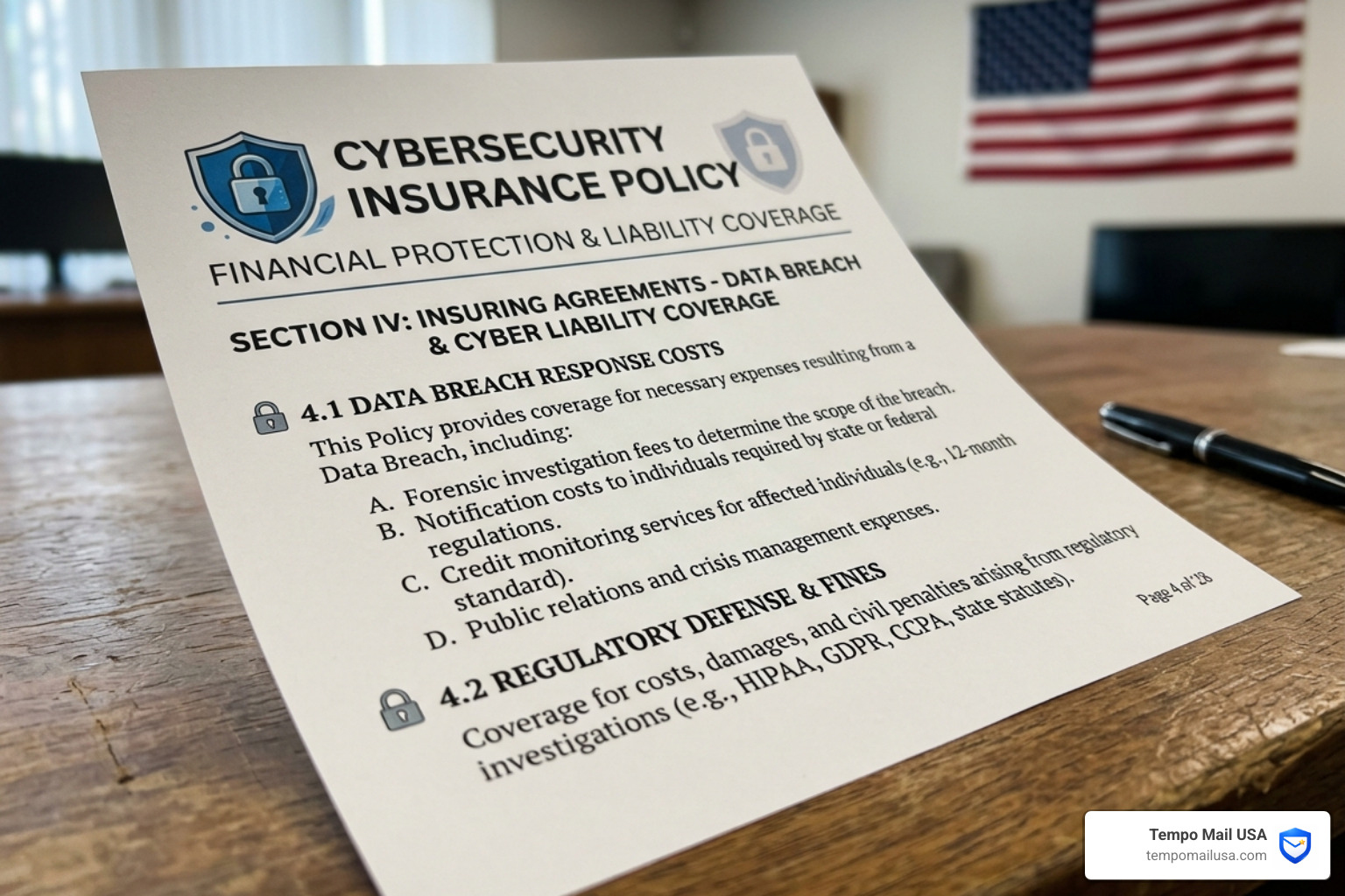 Cybersecurity insurance policy document representing financial protection against data breaches - survey world scam