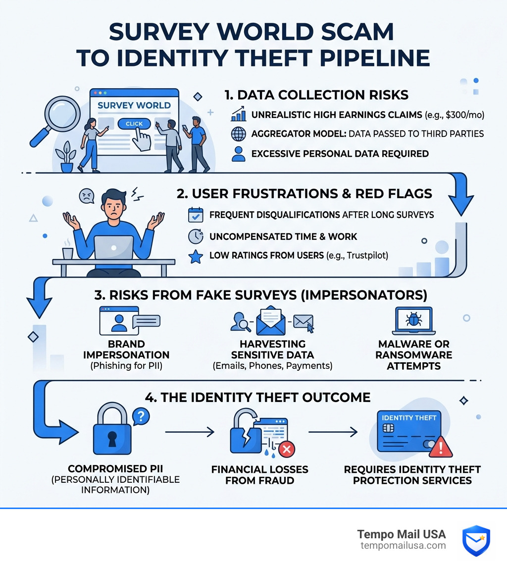 Survey world scam to identity theft pipeline infographic showing data collection risks and red flags - survey world scam