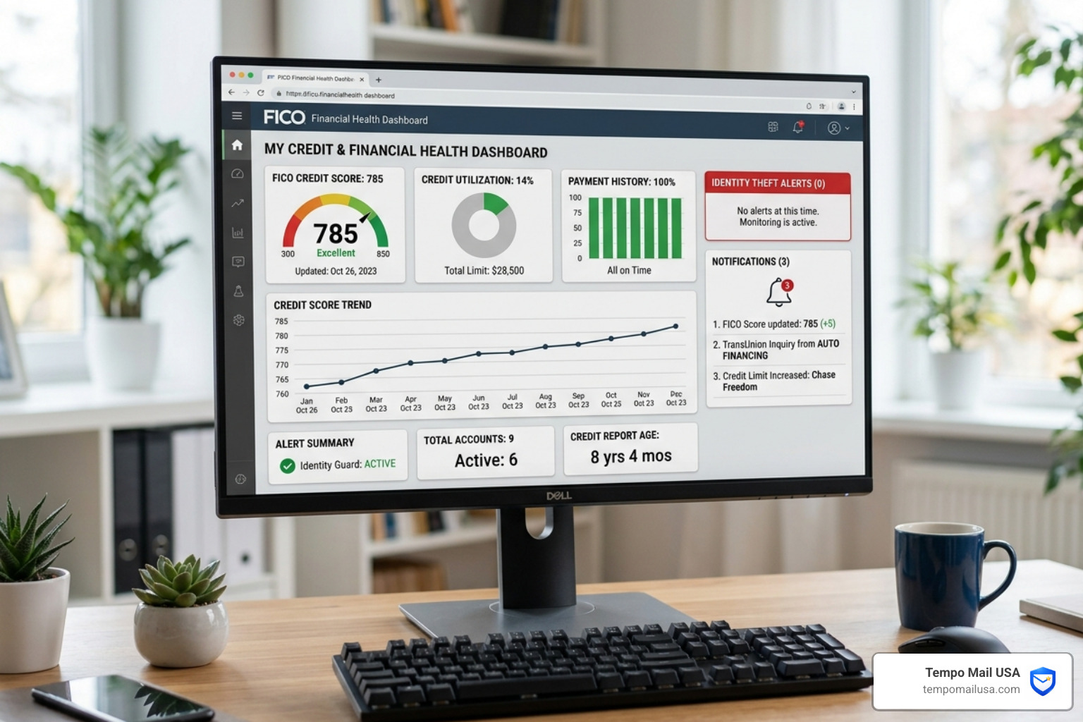Credit report dashboard showing monitoring of financial health and identity theft alerts - survey world scam
