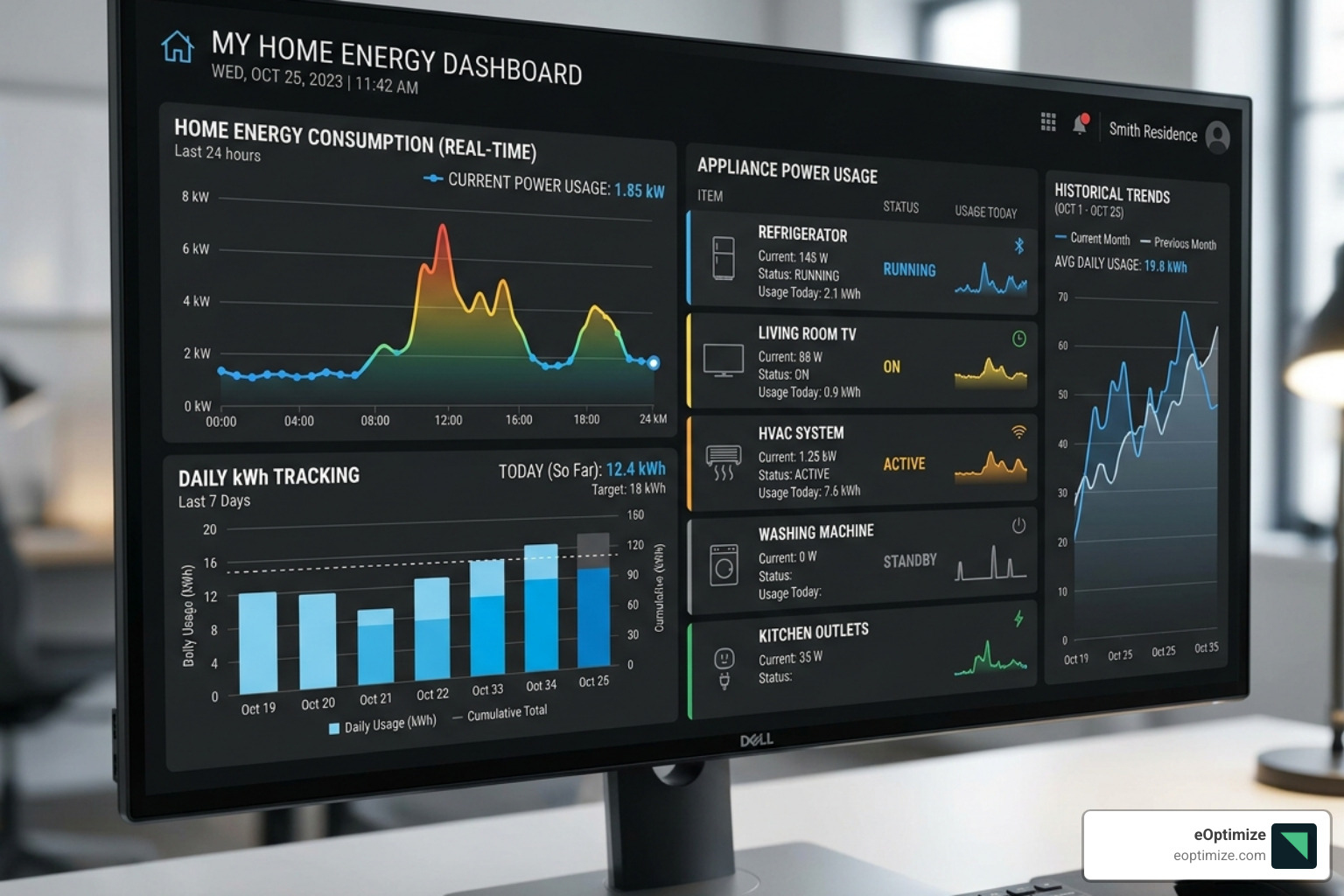 Dashboard showing real-time energy consumption and kWh tracking for home appliances - smart plug for home automation