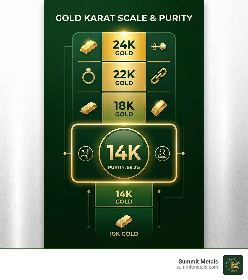 Infographic showing gold karat scale from 10K to 24K with 14K purity at 58.3% highlighted - 14 carat gold cost infographic Infographic showing gold karat scale from 10K to 24K with 14K purity at 58.3% highlighted - 14 carat gold cost infographic