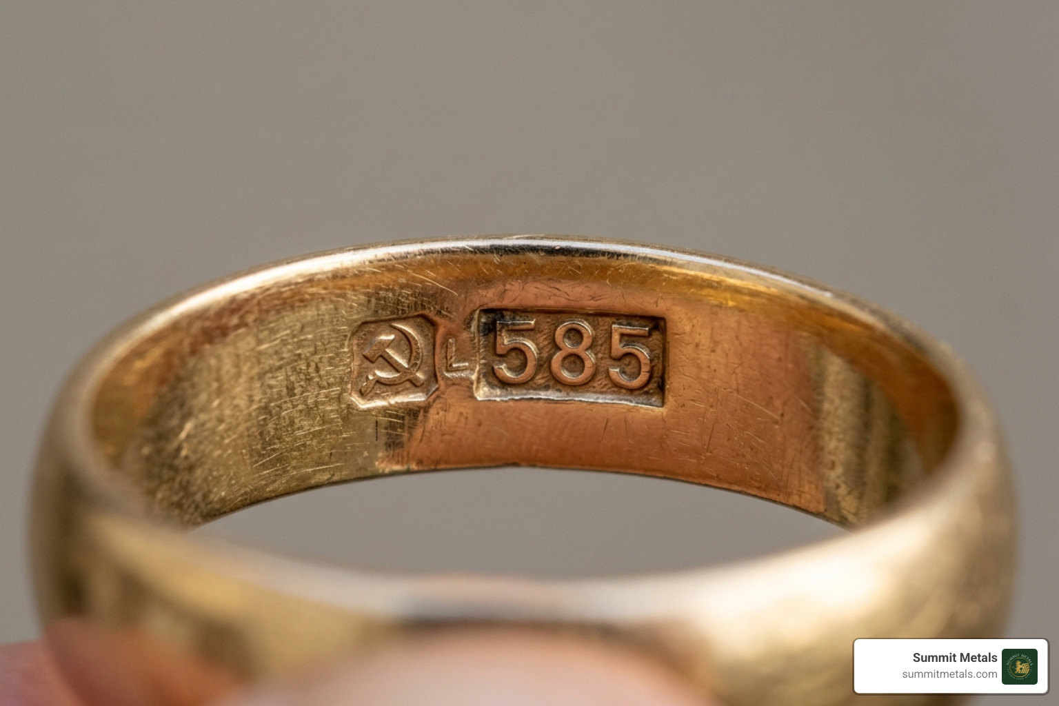 Close up of a 585 hallmark on a gold ring - 14 carat gold cost Close up of a 585 hallmark on a gold ring - 14 carat gold cost