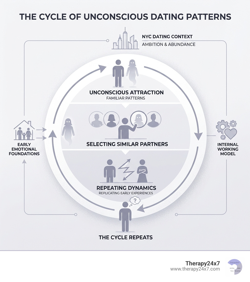 cycle of repetitive partner selection and unconscious attraction in dating - psychodynamic dating patterns NYC infographic cycle of repetitive partner selection and unconscious attraction in dating - psychodynamic dating patterns NYC infographic