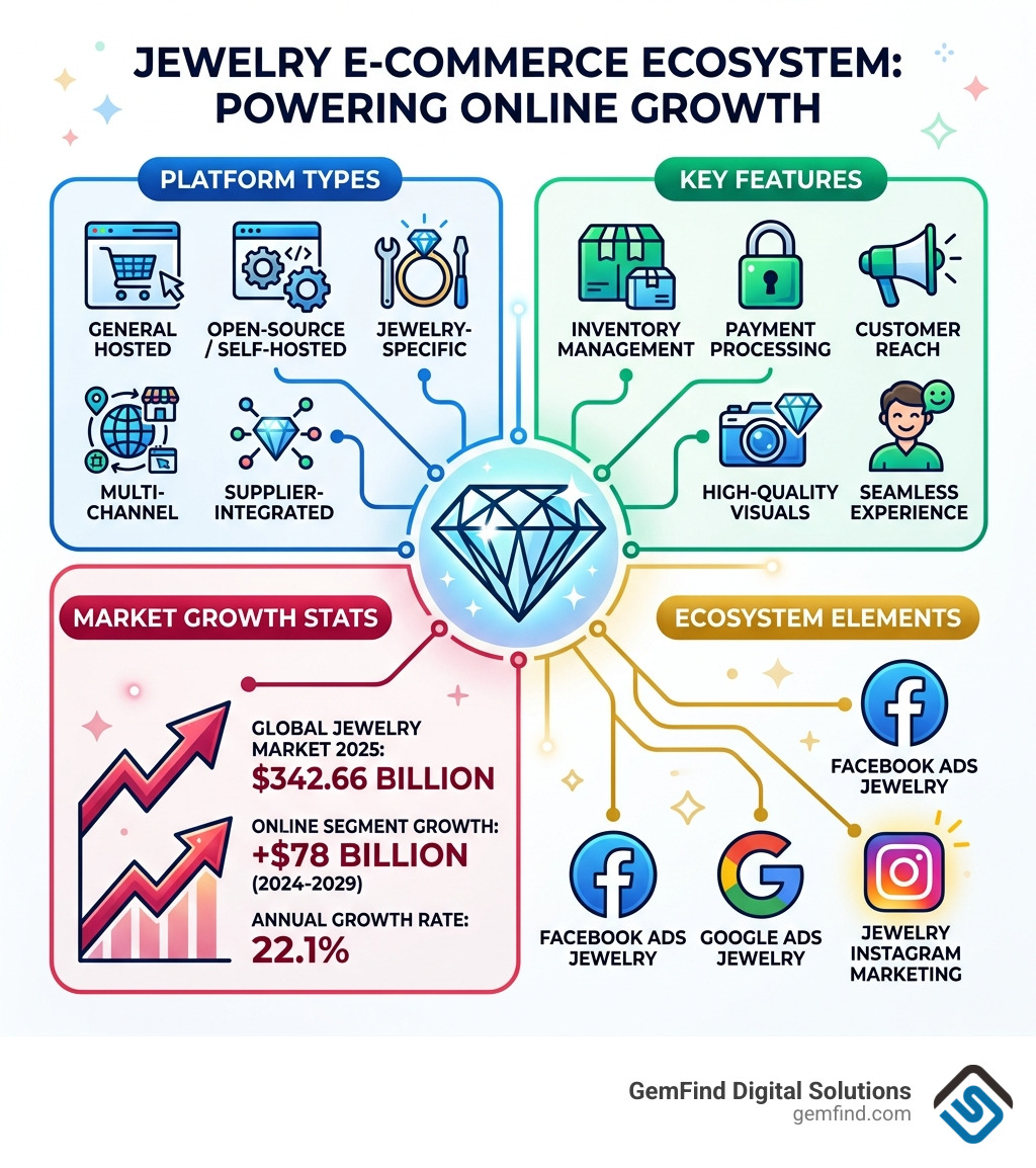 Jewelry e-commerce ecosystem infographic showing platform types, key features, and market growth stats - Jewelry e-commerce