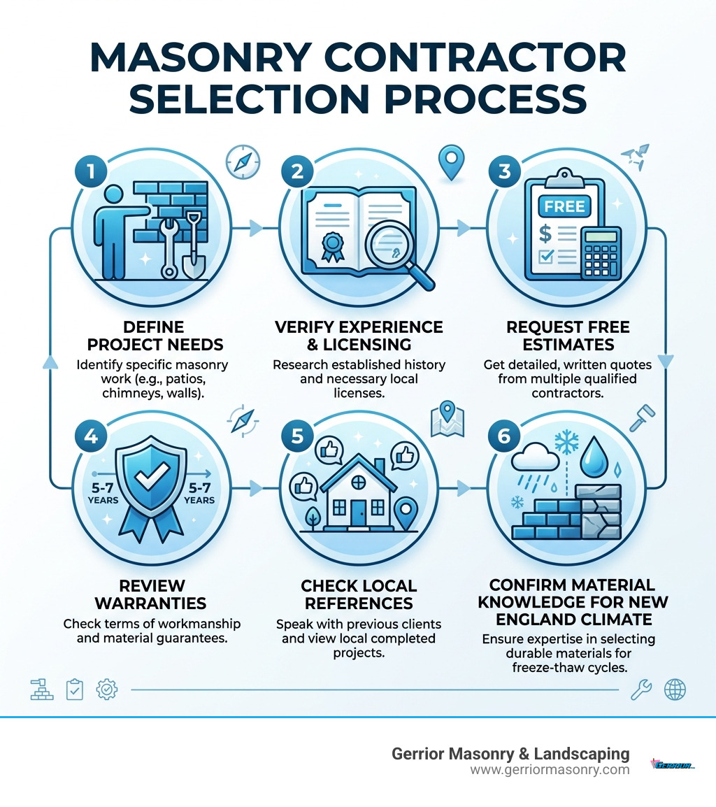 Masonry contractor selection process infographic showing steps: define project needs, verify experience and licensing