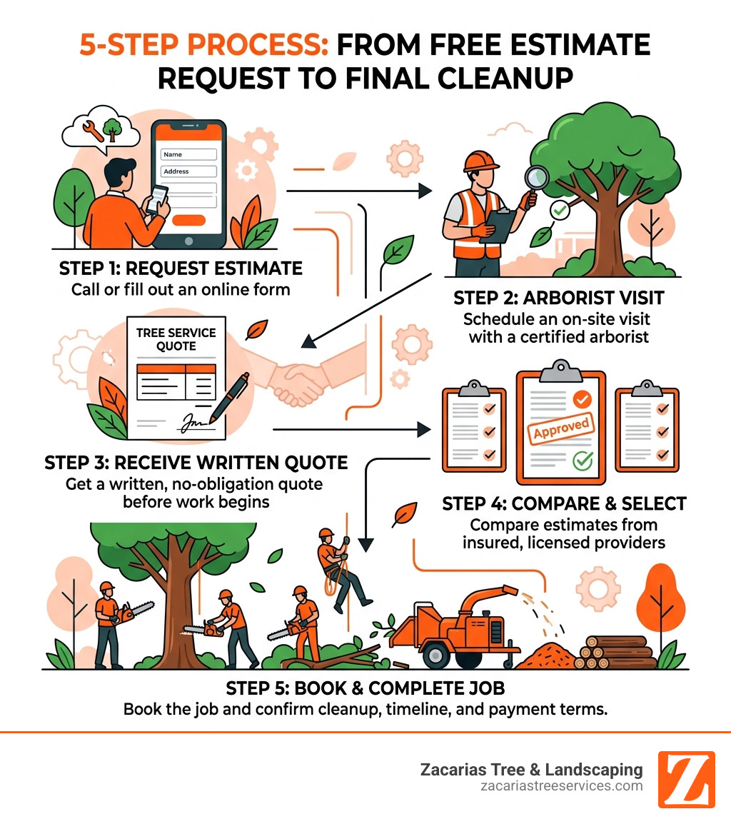 5-step process infographic illustrating tree service estimate procedure, including requesting an estimate, arborist visit, receiving a written quote, comparing estimates, and booking the job, branded with Zacarias Tree & Landscaping logo.