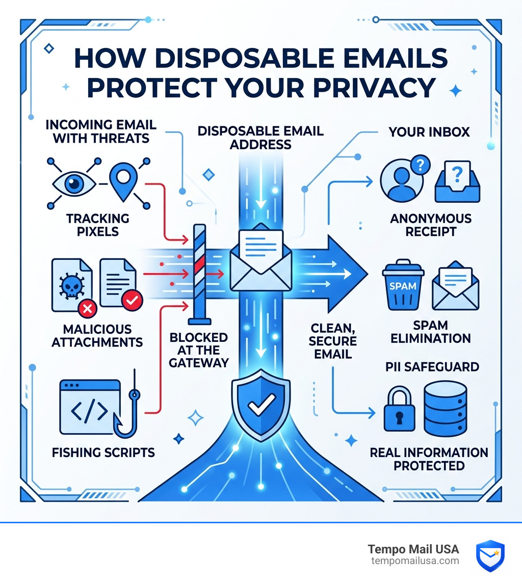 Infographic showing how disposable emails block trackers and malicious payloads - the sweet code scam infographic 