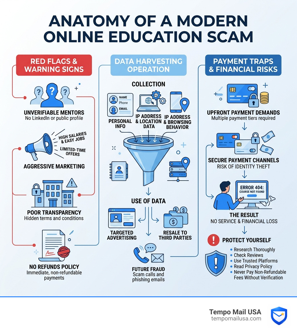 Anatomy of a modern online education scam showing red flags, data harvesting, and payment traps - the sweet code scam