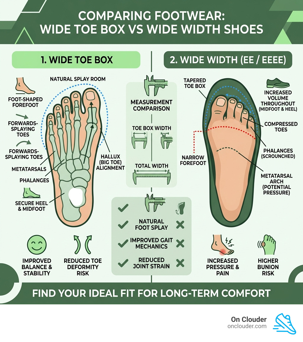 infographic comparing wide toe box vs wide width shoes with key measurements and foot anatomy - best wide toebox shoes infographic comparing wide toe box vs wide width shoes with key measurements and foot anatomy - best wide toebox shoes