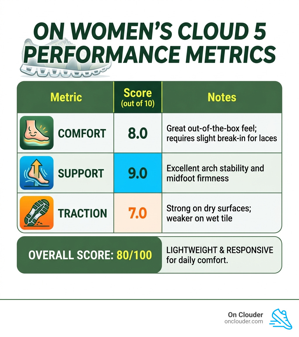 Performance metrics table for On Women's Cloud 5 - On Women's Cloud 5 Sneakers infographic 