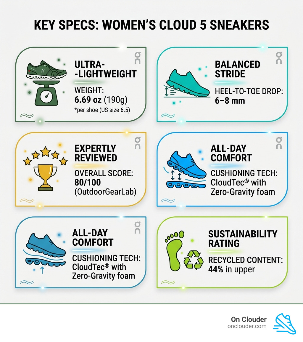 Infographic showing Cloud 5 key specs: weight, drop, score, cushioning tech, and sustainability rating - On Women's Cloud 5