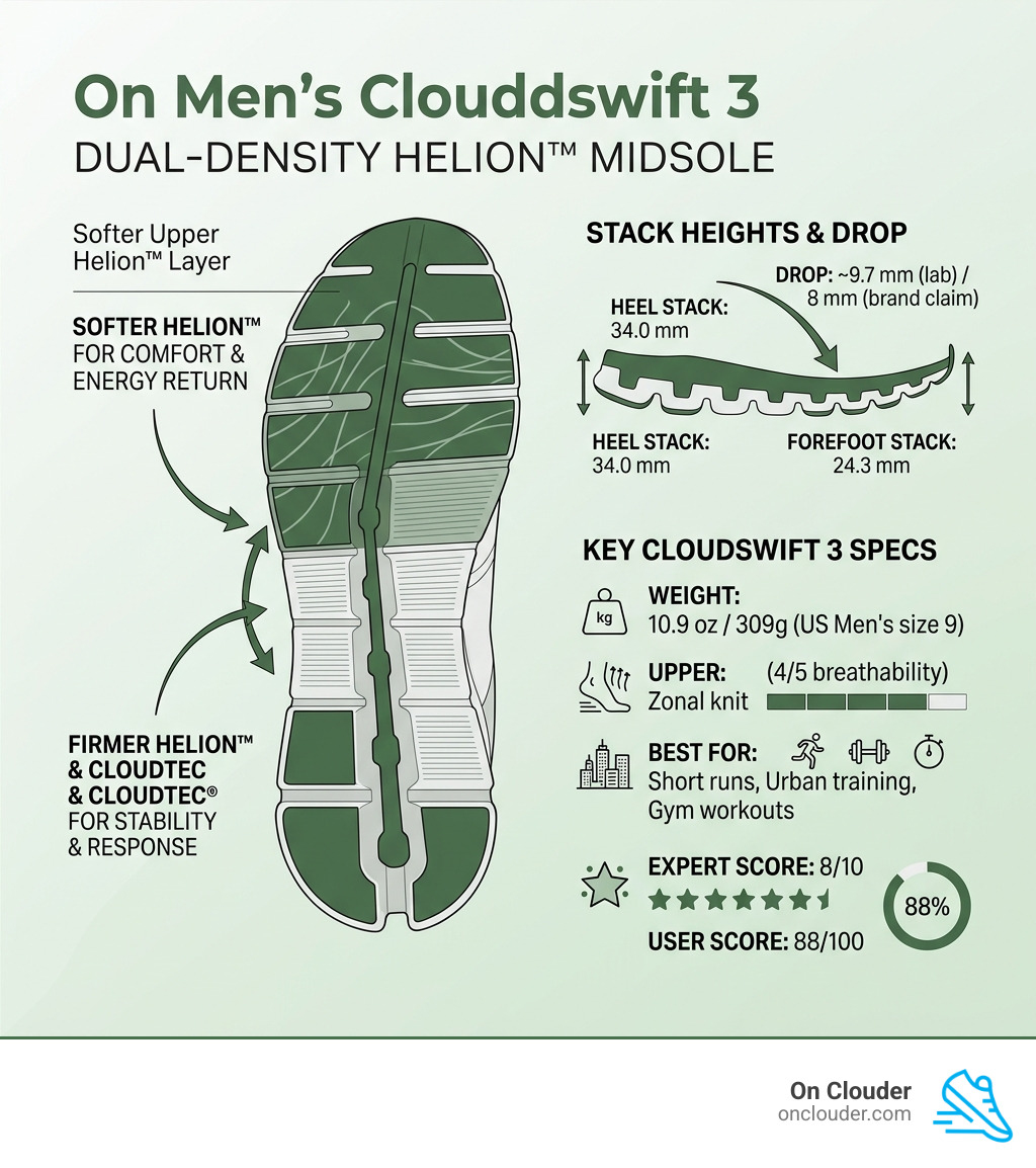 Infographic showing dual-density Helion midsole mechanics, stack heights, drop, and key Cloudswift 3 specs - On Men's Infographic showing dual-density Helion midsole mechanics, stack heights, drop, and key Cloudswift 3 specs - On Men's