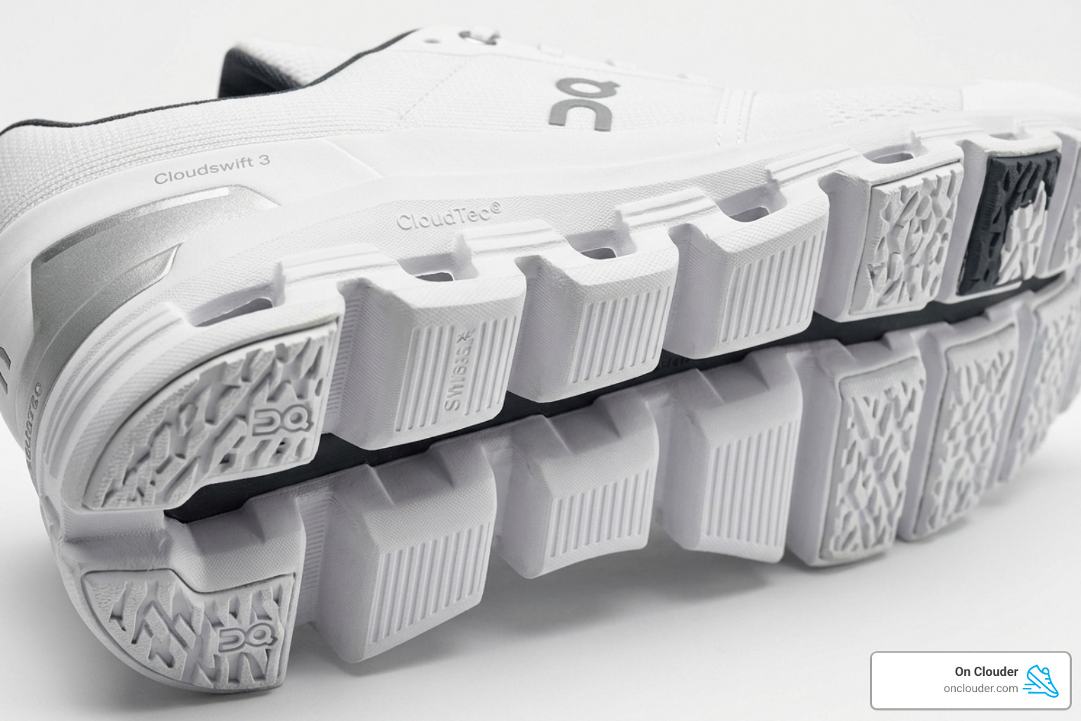 The re-engineered sole unit of the Cloudswift 3 showcasing CloudTec pods - On Men's Cloudswift 3 Running Shoes The re-engineered sole unit of the Cloudswift 3 showcasing CloudTec pods - On Men's Cloudswift 3 Running Shoes