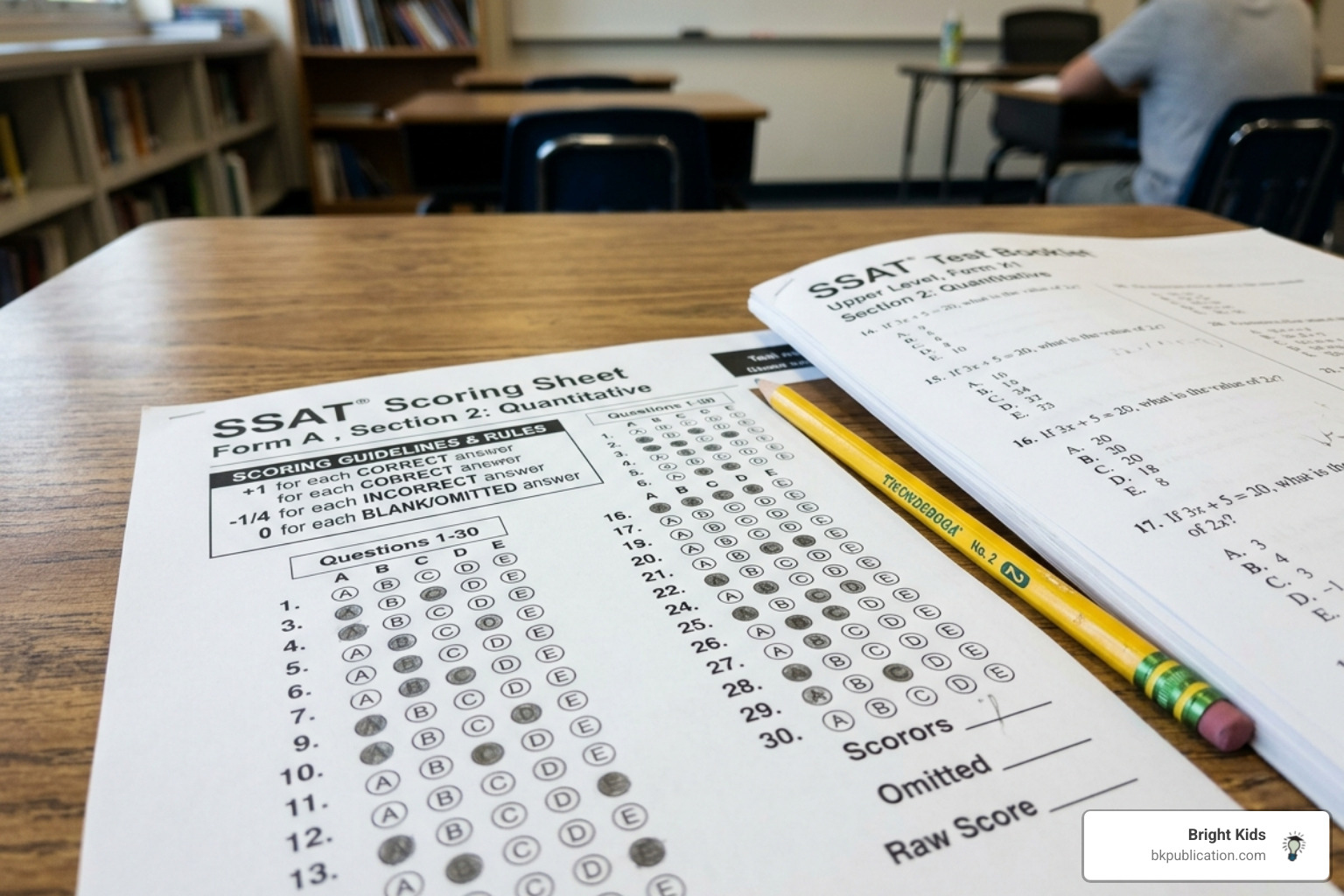 Scoring sheet showing 1/4 point deductions for wrong answers - SSAT verbal section tips