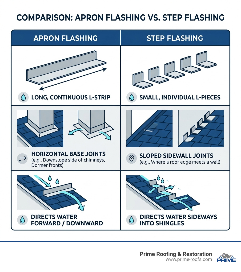 Comparison table: Apron Flashing vs. Step Flashing - apron flashing installation infographic Comparison table: Apron Flashing vs. Step Flashing - apron flashing installation infographic