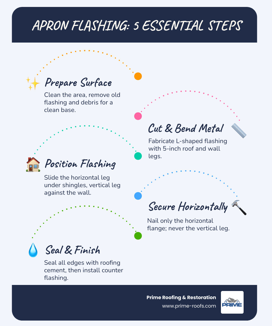 Infographic showing the 6 steps of apron flashing installation with key components labeled - apron flashing installation Infographic showing the 6 steps of apron flashing installation with key components labeled - apron flashing installation