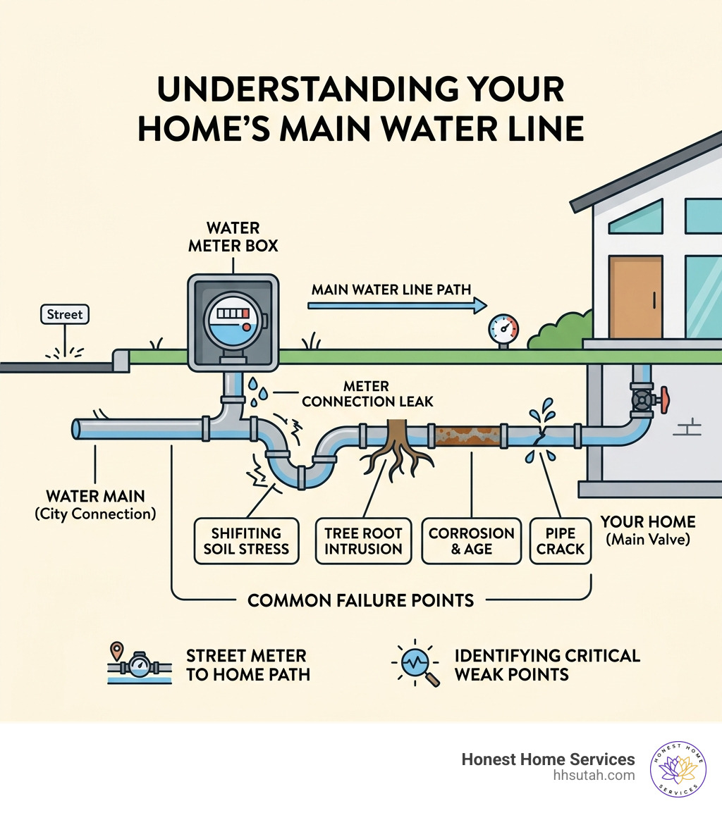 Infographic showing main water line path from street meter to home with common failure points labeled - water line repair Infographic showing main water line path from street meter to home with common failure points labeled - water line repair