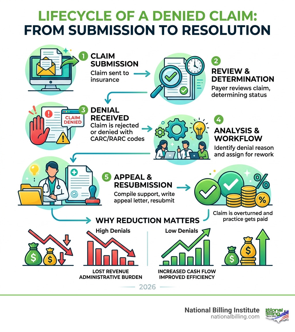 Lifecycle of a denied claim from submission to resolution infographic - denial reduction services infographic 