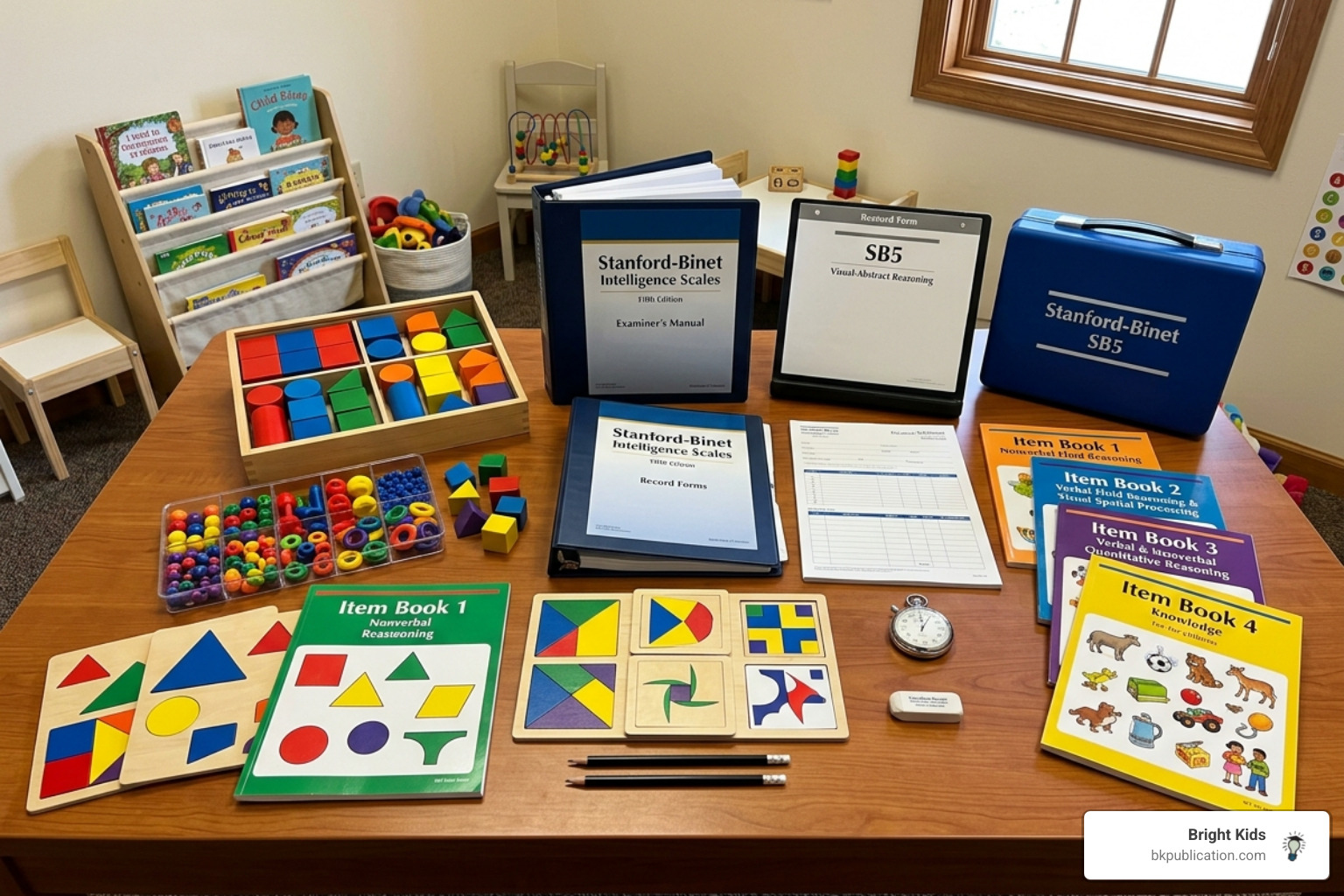 A professional SB5 test kit showing blocks, books, and manipulatives - stanford binet practice book