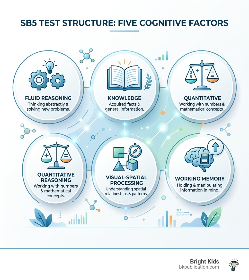 SB5 test structure showing five cognitive factors: Fluid Reasoning, Knowledge, Quantitative Reasoning, Visual-Spatial SB5 test structure showing five cognitive factors: Fluid Reasoning, Knowledge, Quantitative Reasoning, Visual-Spatial