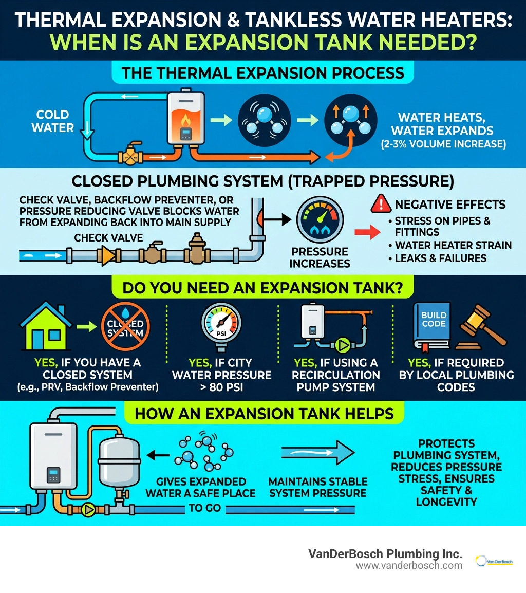 Infographic showing thermal expansion process in closed plumbing systems and when an expansion tank is needed - tankless