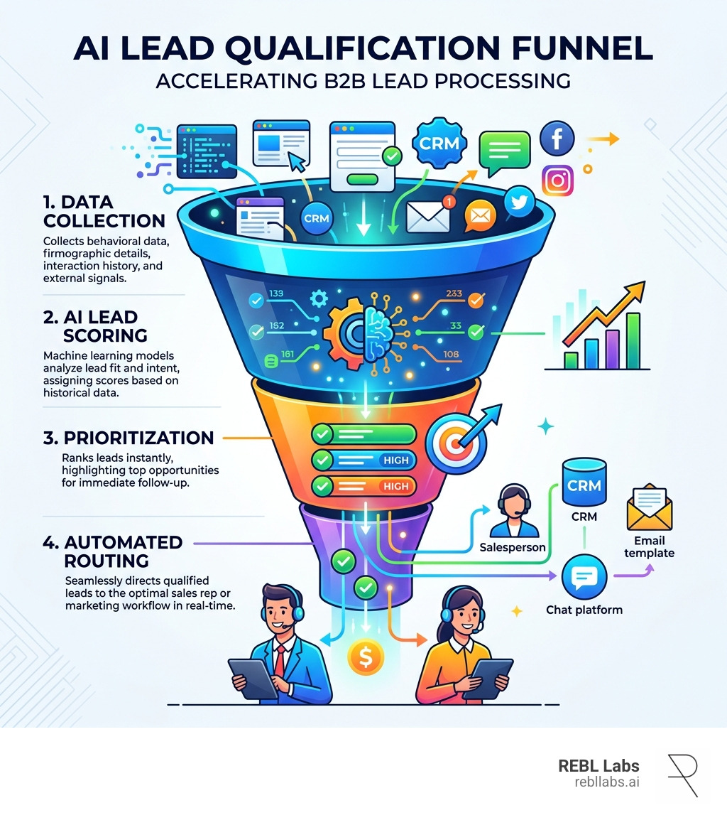 AI lead qualification funnel showing data collection, scoring, prioritization, and routing steps - how does ai assist in