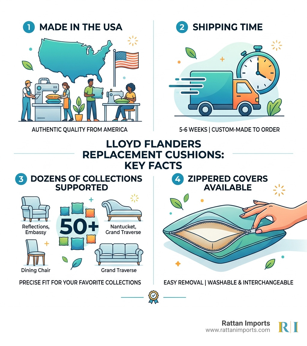 Infographic showing key facts about Lloyd Flanders replacement cushions: made in USA, 5-6 week shipping, dozens of Infographic showing key facts about Lloyd Flanders replacement cushions: made in USA, 5-6 week shipping, dozens of