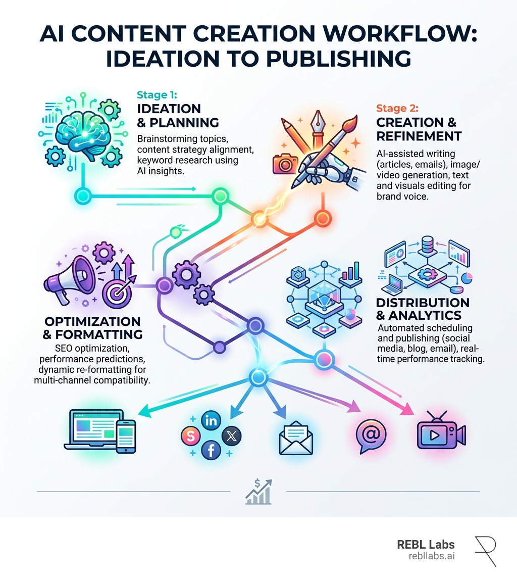 AI content creation workflow from ideation to publishing across channels infographic - AI content creation platform