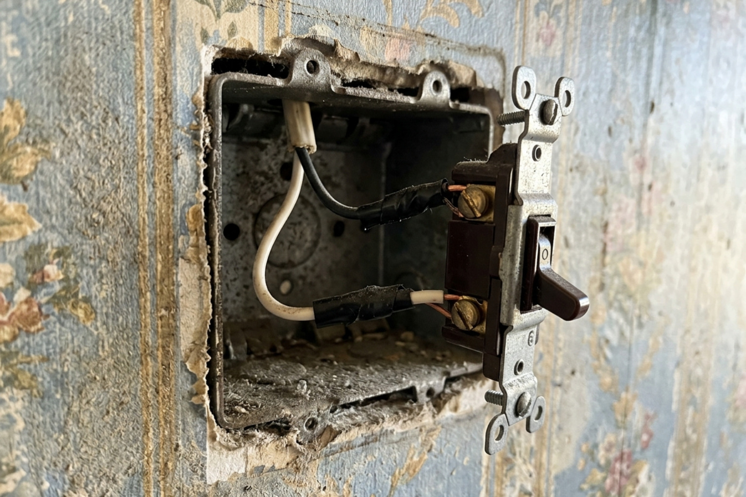 An open electrical box in an older home showing only two wires for a switch loop - smart light switches without neutral An open electrical box in an older home showing only two wires for a switch loop - smart light switches without neutral