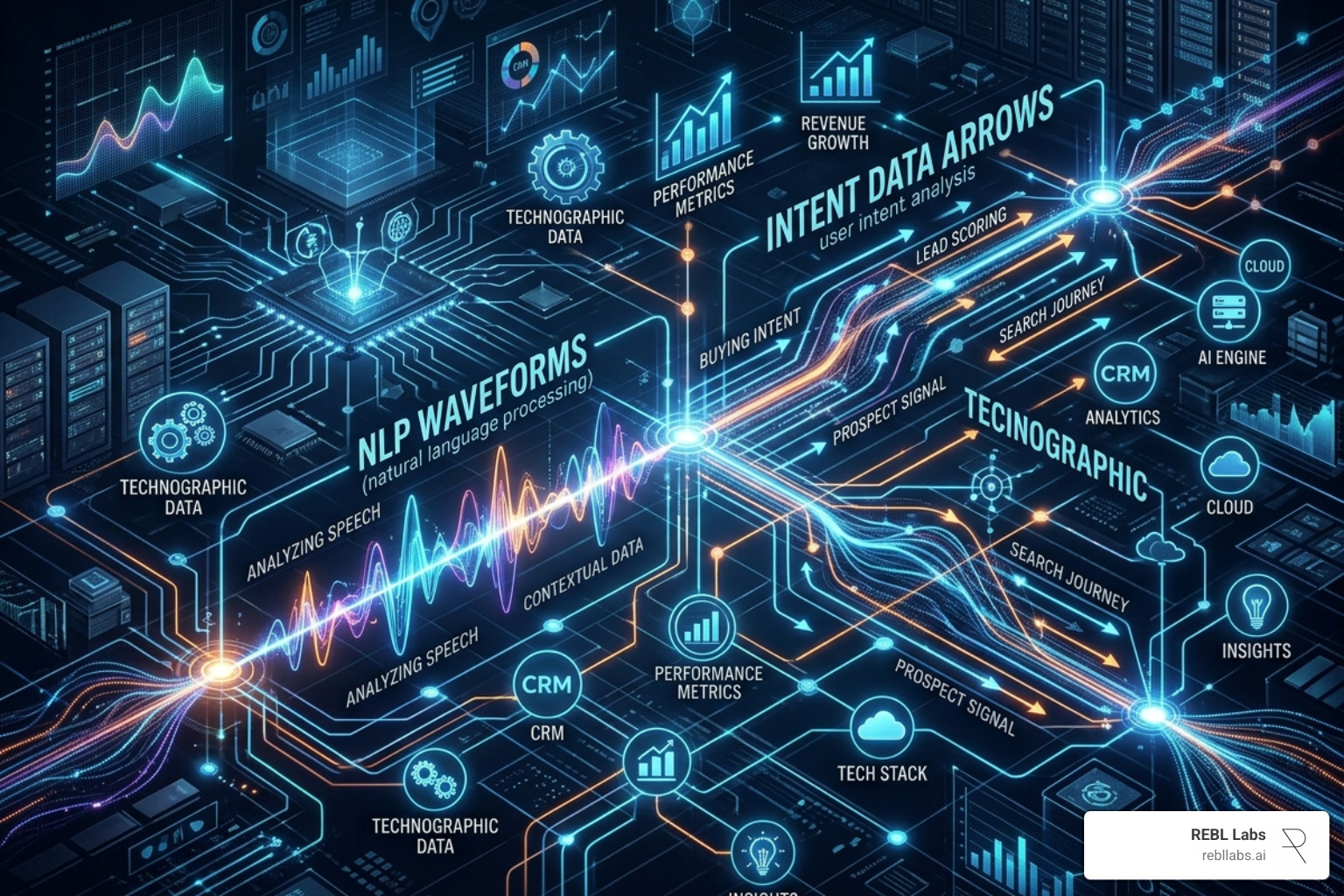 Graphic showing various AI data signals: NLP, intent data, and technographics - how does ai assist in lead qualification