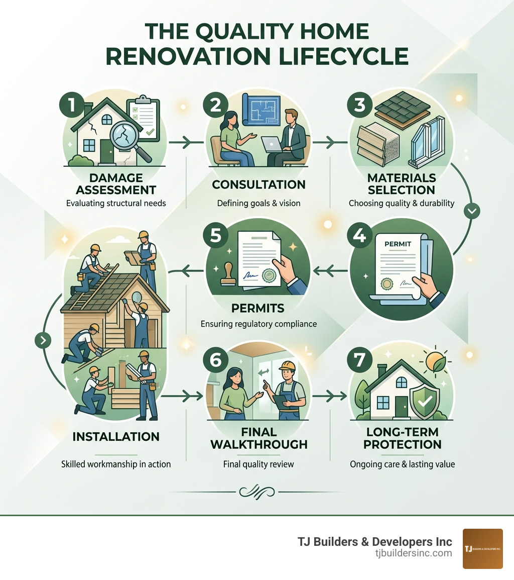 Infographic showing the home renovation lifecycle: damage assessment, consultation, materials selection, permits Infographic showing the home renovation lifecycle: damage assessment, consultation, materials selection, permits