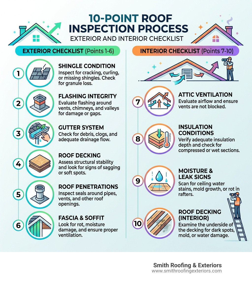 10-point roof inspection process infographic with exterior and interior checklist items - roof inspection infographic 10-point roof inspection process infographic with exterior and interior checklist items - roof inspection infographic