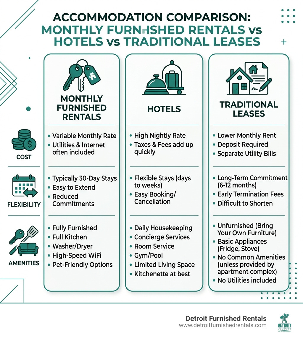Infographic comparing monthly furnished rentals vs hotels vs traditional leases: cost, flexibility, and amenities - monthly