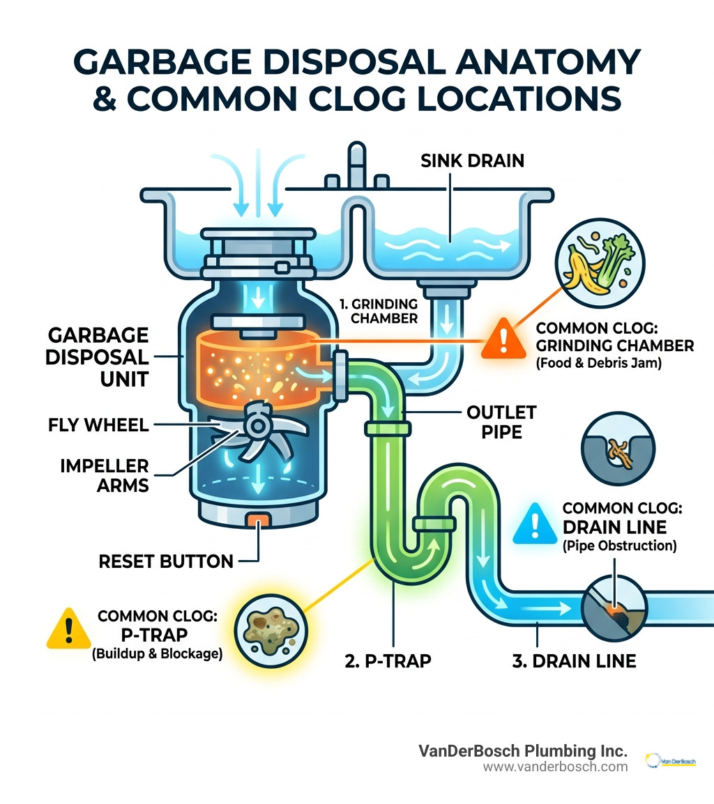 Garbage disposal anatomy diagram showing common clog locations including grinding chamber, P-trap, and drain line - clogged Garbage disposal anatomy diagram showing common clog locations including grinding chamber, P-trap, and drain line - clogged