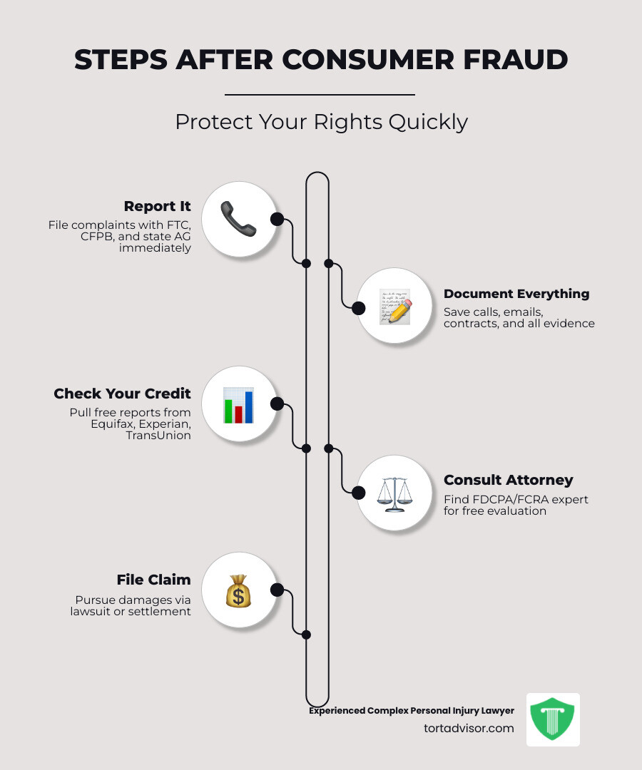 Steps to take after experiencing consumer fraud - infographic showing report, document, consult attorney, file claim Steps to take after experiencing consumer fraud - infographic showing report, document, consult attorney, file claim