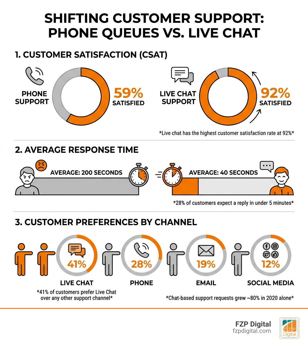 Infographic showing shift from phone queues to live chat: satisfaction rates, response times, and customer preferences by Infographic showing shift from phone queues to live chat: satisfaction rates, response times, and customer preferences by